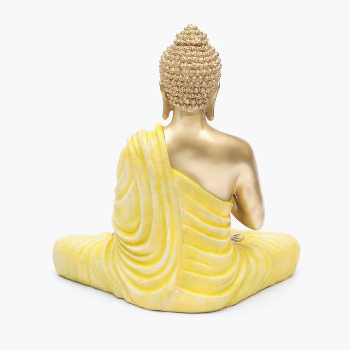 Radiant Golden Meditating Buddha Yellow Robe Resin Decor - Karigaari India Aesthetic Home Decor
