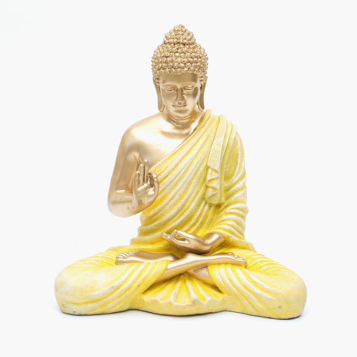 Radiant Golden Meditating Buddha Yellow Robe Resin Decor - Karigaari India Aesthetic Home Decor