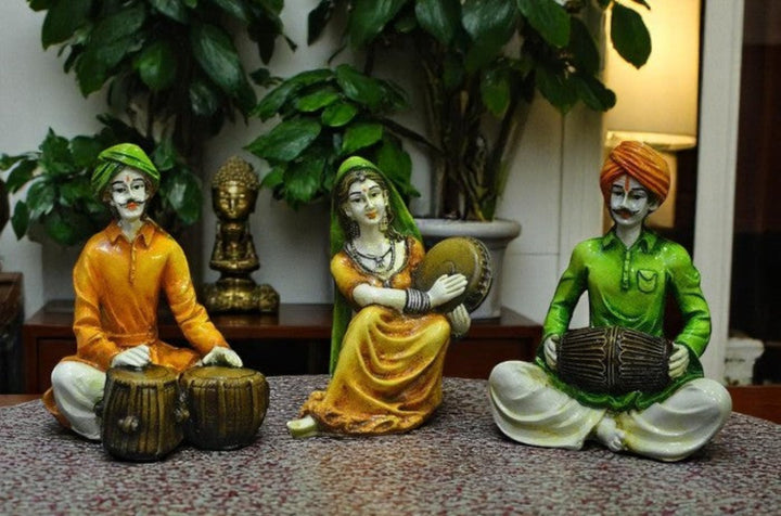 Rajasthani Musician Trio Indian Folk Art Statues - Karigaari India Aesthetic Home Decor