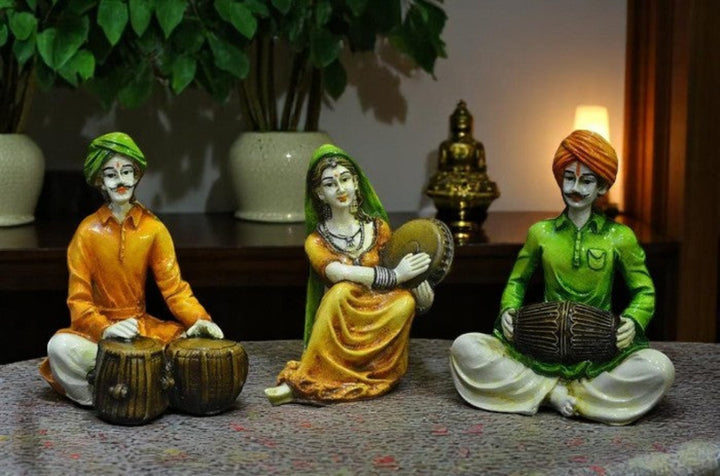 Rajasthani Musician Trio Indian Folk Art Statues - Karigaari India Aesthetic Home Decor