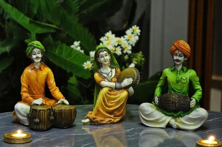 Rajasthani Musician Trio Indian Folk Art Statues - Karigaari India Aesthetic Home Decor
