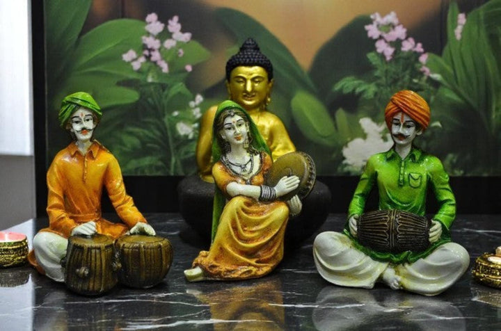 Rajasthani Musician Trio Indian Folk Art Statues - Karigaari India Aesthetic Home Decor