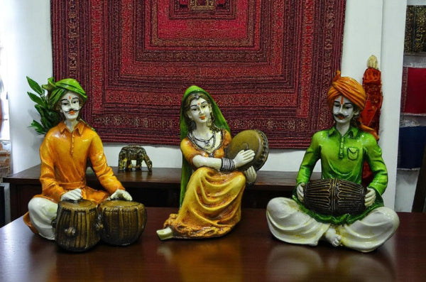 Rajasthani Musician Trio Indian Folk Art Statues - Karigaari India Aesthetic Home Decor
