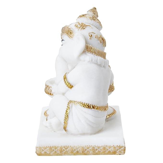 White Ganesha with Shiva Lingam Resin Idol - Karigaari India Aesthetic Home Decor