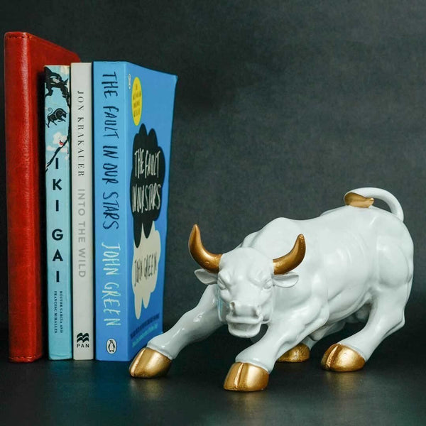 White Bull with Gold Accents - Modern Resin Animal Decor