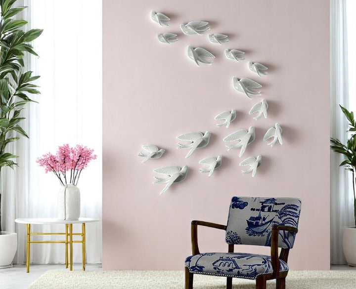 White Flying Birds Wall Decor Set - 17 Resin - Karigaari India Aesthetic Home Decor