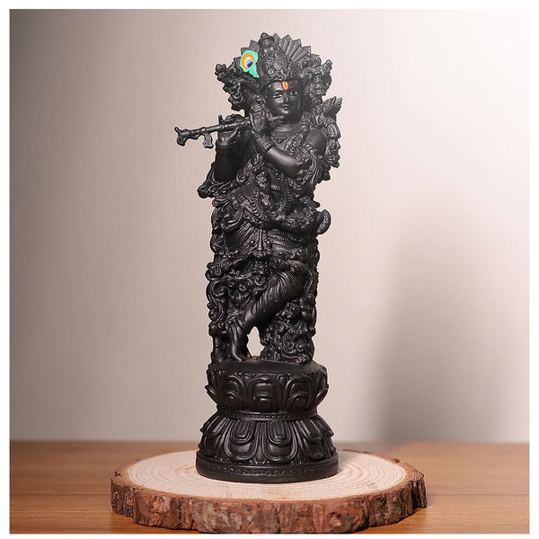 Karigaari India Black Resin Krishna Idol Playing Flute | Handcrafted Lord Krishna Figurine for Home Decor Temple Pooja Room | Spiritual Vastu Gift Showpiece for Living Room Shelf Mandir Office Table