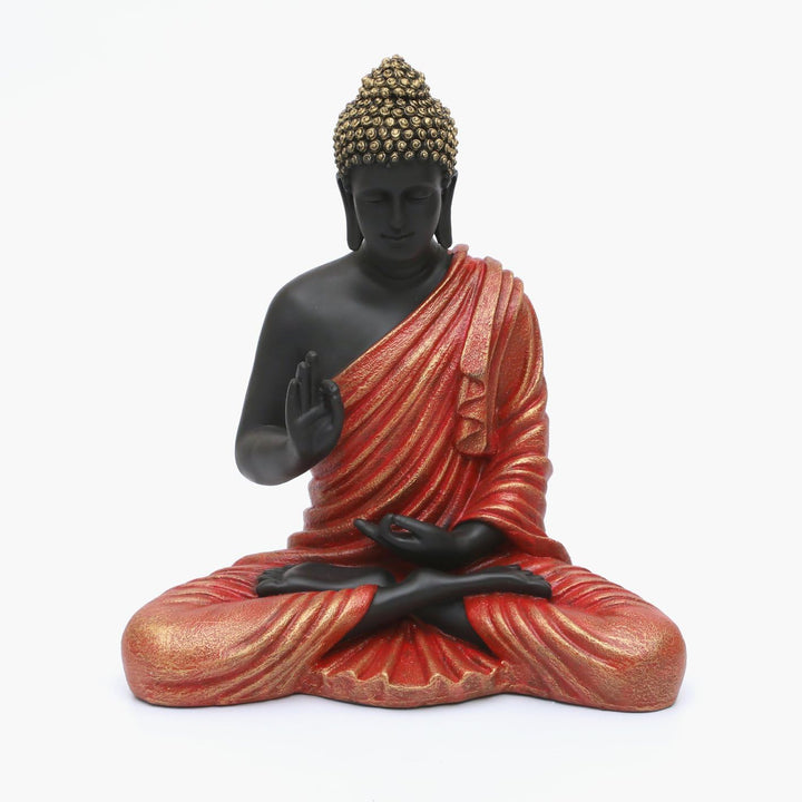 Serene Black Buddha Idol Vibrant Red Robe Decor - Karigaari India Aesthetic Home Decor