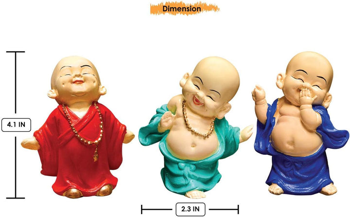 Handcrafted Ployresin Three Pieces Standing And Sitting, Laughing ,Happy Lord Buddha Statue Showpiece Home Decor/Office Decor/Spiritual Gift, Green, Orange And Blue Colour - Karigaari India Aesthetic Home Decor