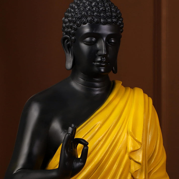 Serene Meditating Buddha Statue Black & Yellow Resin Zen Decor - Karigaari India Aesthetic Home Decor