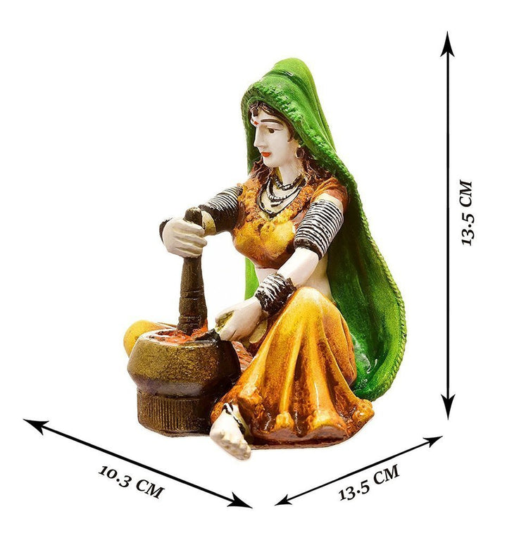 Handcrafted Rajasthani Woman Figurine Churning Butter Traditional Resin Art Sculpture for Ethnic Home Décor & Gifting - Karigaari India Aesthetic Home Decor