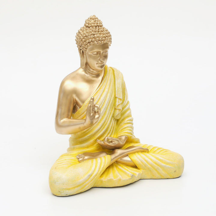 Radiant Golden Meditating Buddha Yellow Robe Resin Decor - Karigaari India Aesthetic Home Decor