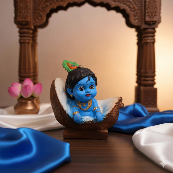 Divine Krishna on  Coconut | Handcrafted Resin Idol for Home Décor & Gifting | Spiritual Showpiece for Living Room & Pooja Mandir