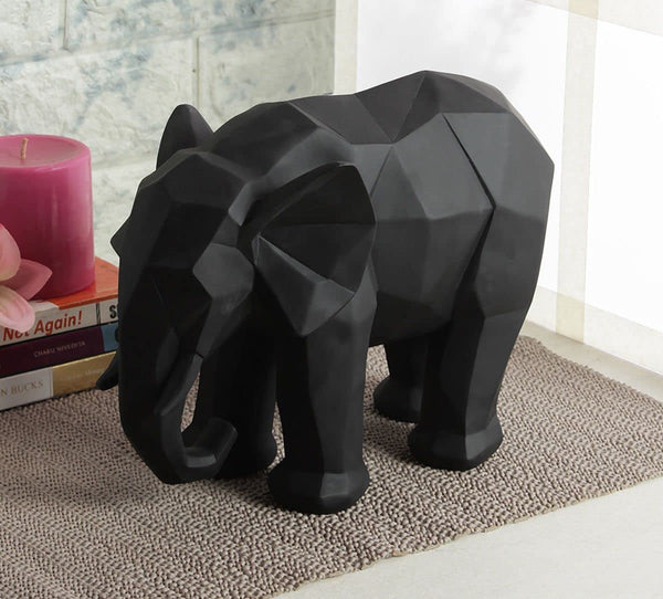 Resin Geometric Black Elephant Figurine | Modern Animal Sculpture for Home & Office Decor | Elegant Luxury Gifting Showpiece