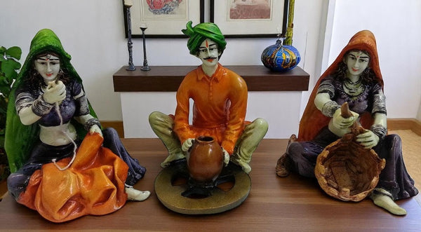 Rajasthani Artisan Trio Traditional Indian Craft Decor - Karigaari India Aesthetic Home Decor