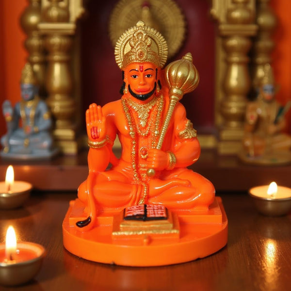 Orange Resin Hanuman Statue - Hindu God Decor