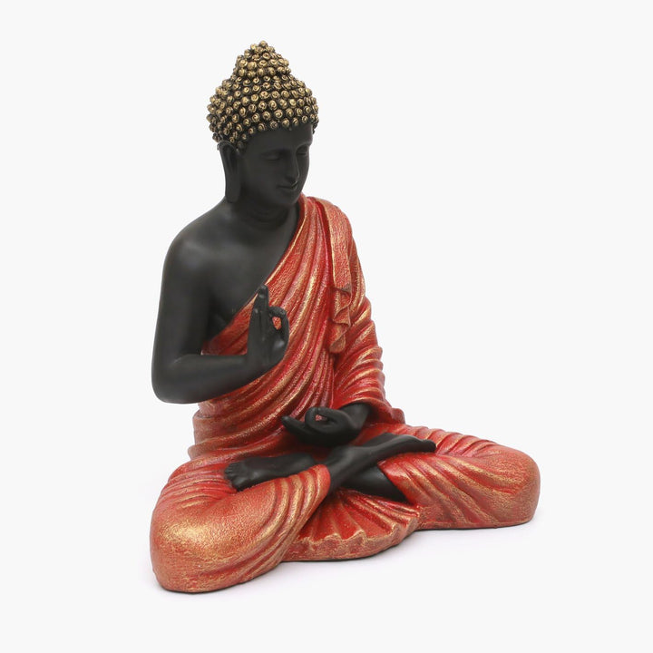 Serene Black Buddha Idol Vibrant Red Robe Decor - Karigaari India Aesthetic Home Decor