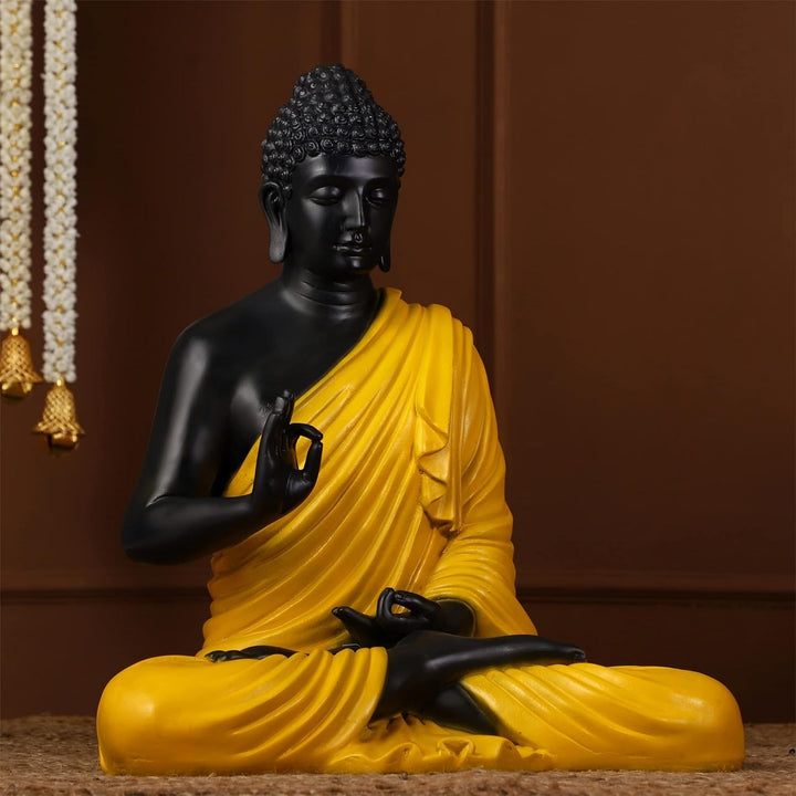 Serene Meditating Buddha Statue Black & Yellow Resin Zen Decor - Karigaari India Aesthetic Home Decor