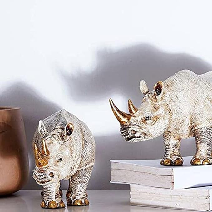 Golden Horn Resin Rhino Decor Pair - Karigaari India Aesthetic Home Decor