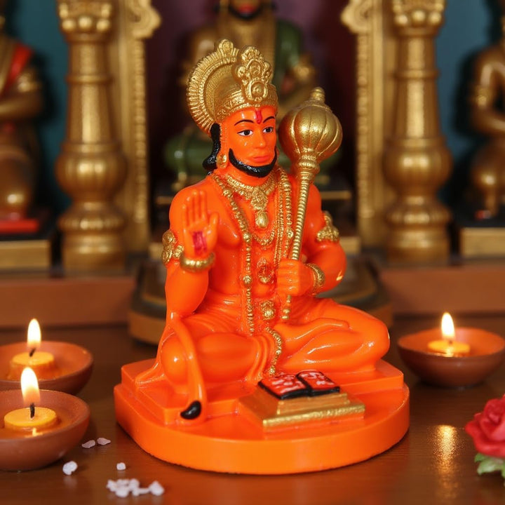 Orange Resin Hanuman Statue - Hindu God Decor - Karigaari India Aesthetic Home Decor