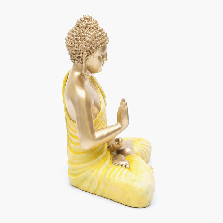 Radiant Golden Meditating Buddha Yellow Robe Resin Decor - Karigaari India Aesthetic Home Decor