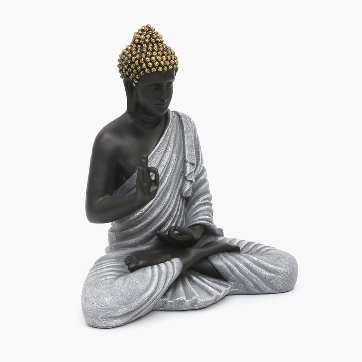 Zen Meditating Buddha Statue Black & Grey Resin Idol - Karigaari India Aesthetic Home Decor