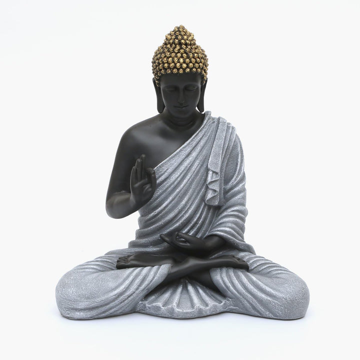 Zen Meditating Buddha Statue Black & Grey Resin Idol - Karigaari India Aesthetic Home Decor