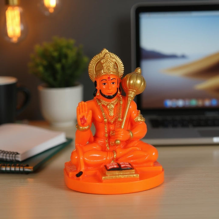 Orange Resin Hanuman Statue - Hindu God Decor - Karigaari India Aesthetic Home Decor