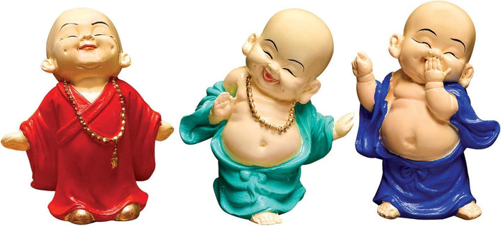 Handcrafted Ployresin Three Pieces Standing And Sitting, Laughing ,Happy Lord Buddha Statue Showpiece Home Decor/Office Decor/Spiritual Gift, Green, Orange And Blue Colour - Karigaari India Aesthetic Home Decor