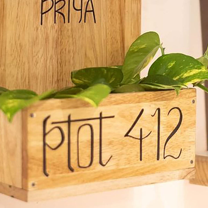 Artistic Wooden Pine Finish Planter Number Plate - Karigaari India Aesthetic Home Decor