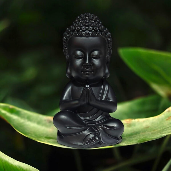 Peaceful Little Buddha Monk Statue  - Praying Black Resin Sculpture for Serenity & Home Decor