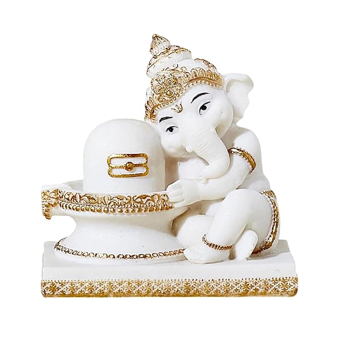 White Ganesha with Shiva Lingam Resin Idol - Karigaari India Aesthetic Home Decor