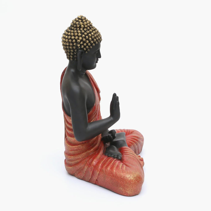Serene Black Buddha Idol Vibrant Red Robe Decor - Karigaari India Aesthetic Home Decor