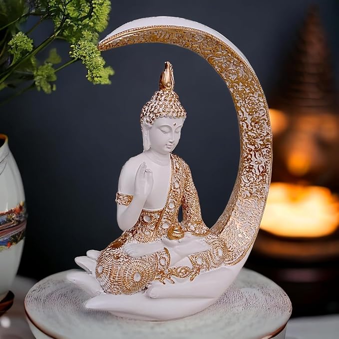 Resin Buddha in White Crescent Moon - Spiritual - Karigaari India Aesthetic Home Decor