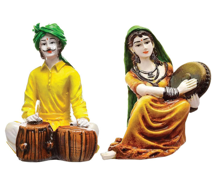 Traditions of Rajasthani : Man Playing Tabla & Lady with Dafli Showpiece - Karigaari India Aesthetic Home Decor