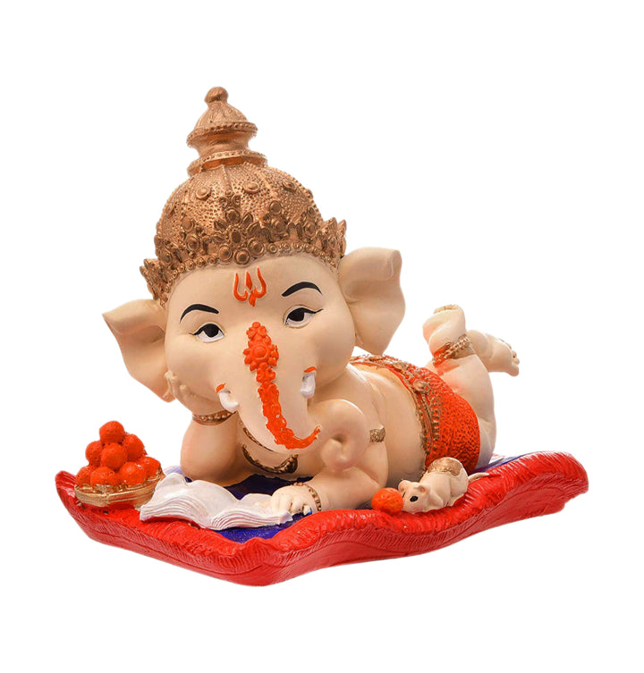 Resin Ganesha Lounging on Cushion - Symbol of Comfort & Blessings - Karigaari India Aesthetic Home Decor