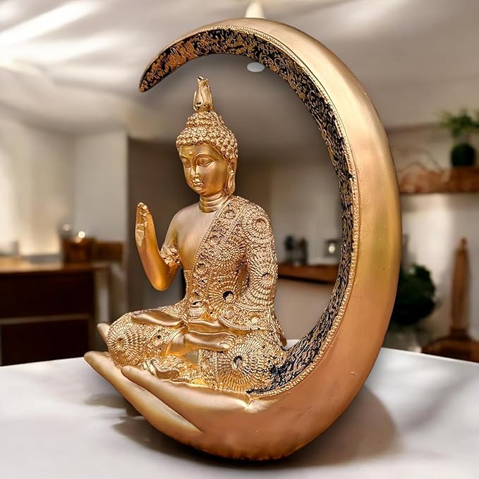 Ornate Resin Buddha in Crescent Moon - Golden - Karigaari India Aesthetic Home Decor