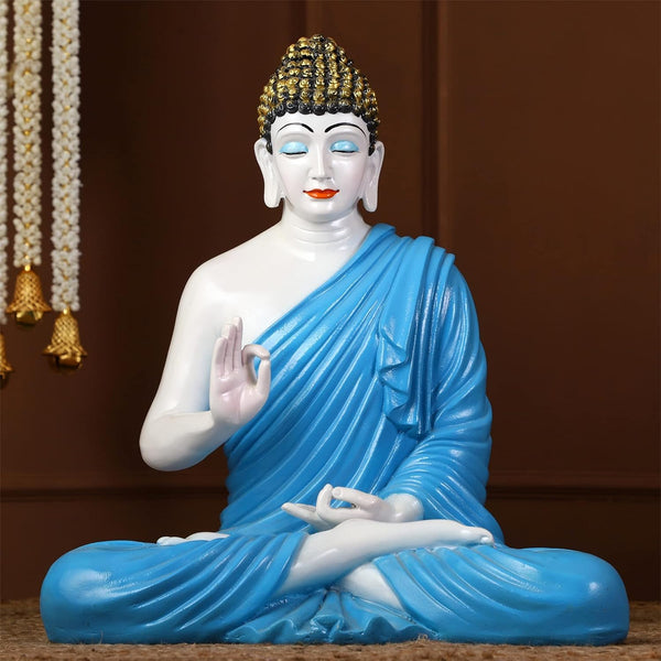 Serene Meditating Buddha Idol White & Blue Resin Decor - Karigaari India Aesthetic Home Decor