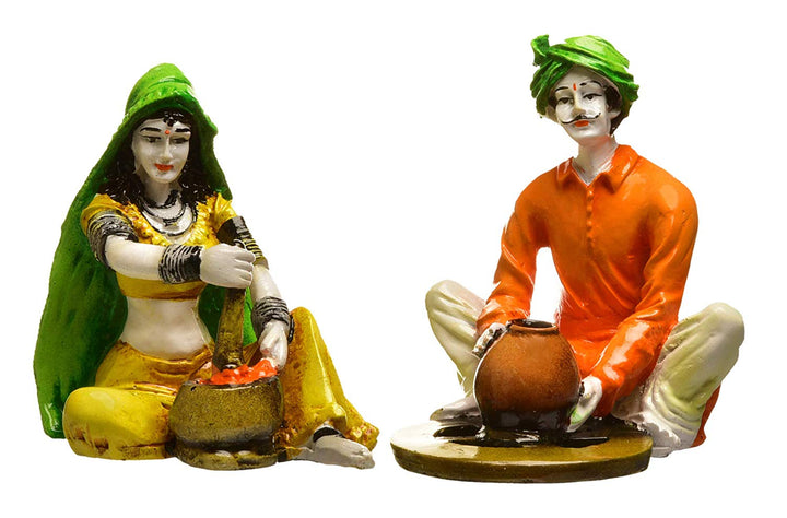 Resin Rajasthani Cooking Couple Statue - Village Life - Karigaari India Aesthetic Home Decor
