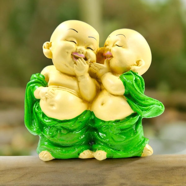 Adorable Laughing Buddha Monk Pair  - Resin Sculpture for Joy, Friendship & Home Decor