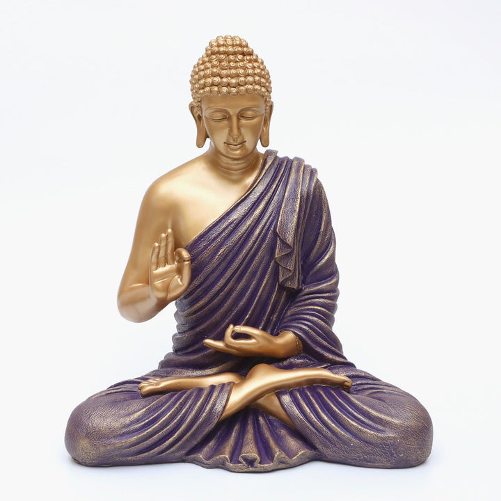 Regal Golden Buddha Idol Purple Robe Resin Decor - Karigaari India Aesthetic Home Decor