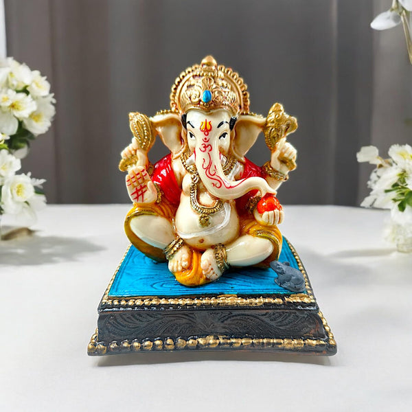Divine Lord Ganesha Idol on Ornate Base | Resin Ganesh Murti with Modak & Mushak | Auspicious Home & Office Decor | Good Luck & Prosperity Gift
