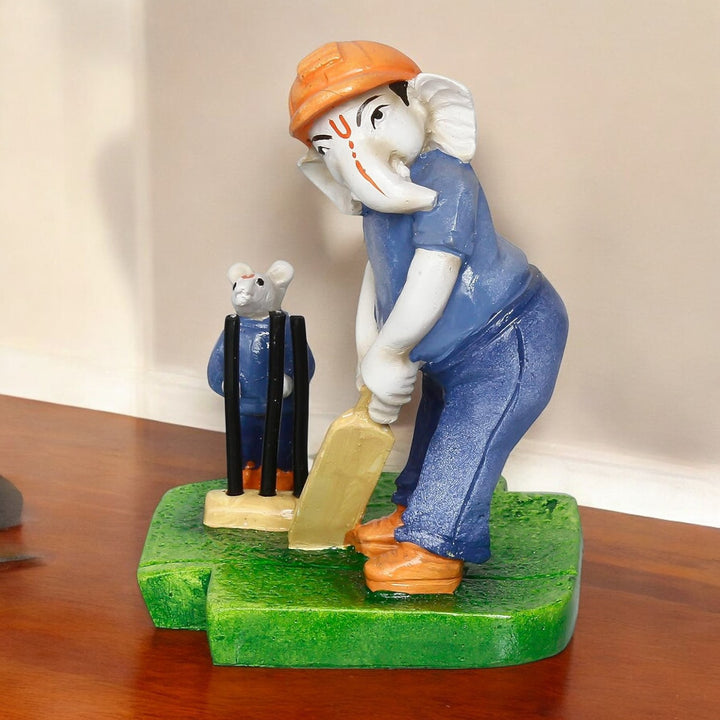Ganesha Playing Cricket Idol | Resin Ganpati Idol - Playful I Resin Home Decor & Gift- - Karigaari India Aesthetic Home Decor