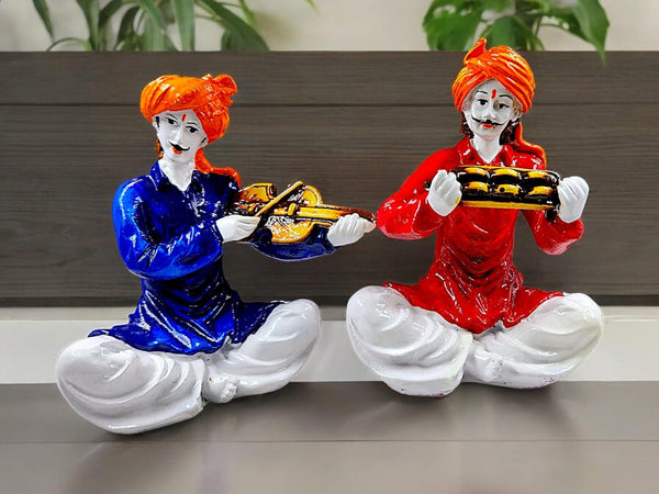 Charming Rajasthani Musician Duo Figurine Set  | Traditional Indian Resin Statues for Cultural Home Decor & Unique Gifting