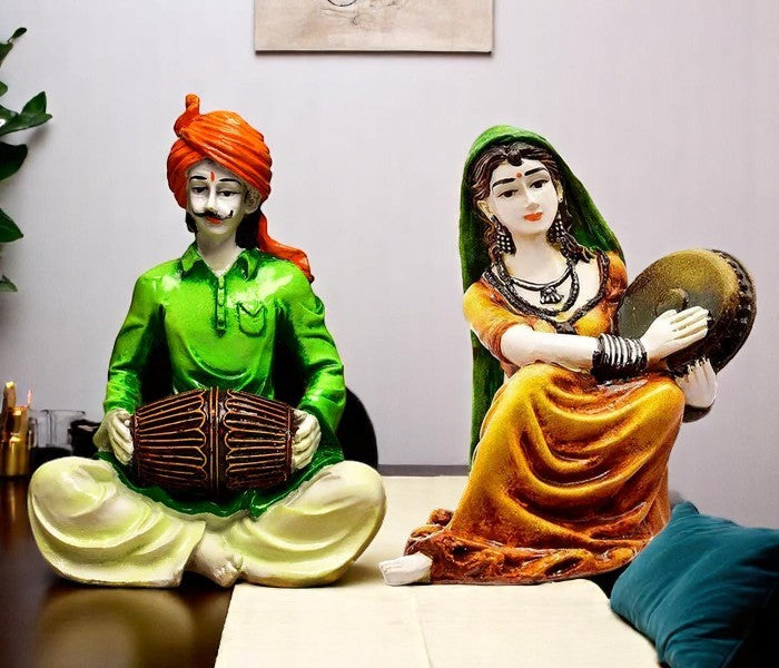 Traditions of Rajasthani : Man Playing Dholak & Lady with Dafli - Karigaari India Aesthetic Home Decor
