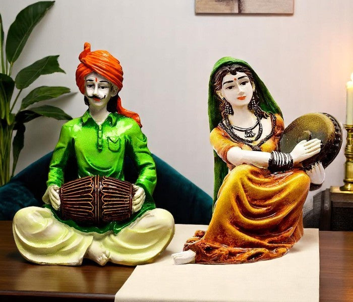 Traditions of Rajasthani : Man Playing Dholak & Lady with Dafli - Karigaari India Aesthetic Home Decor
