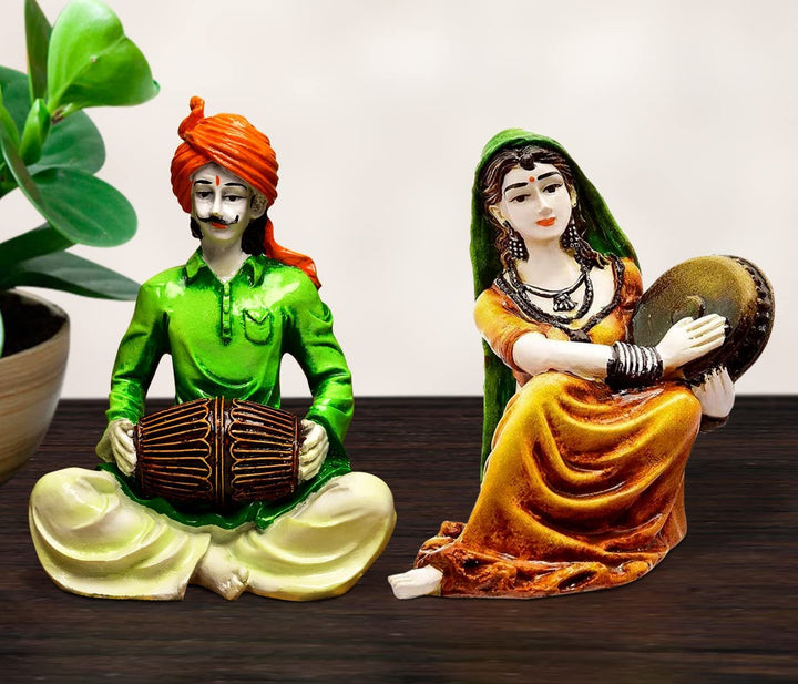 Traditions of Rajasthani : Man Playing Dholak & Lady with Dafli - Karigaari India Aesthetic Home Decor