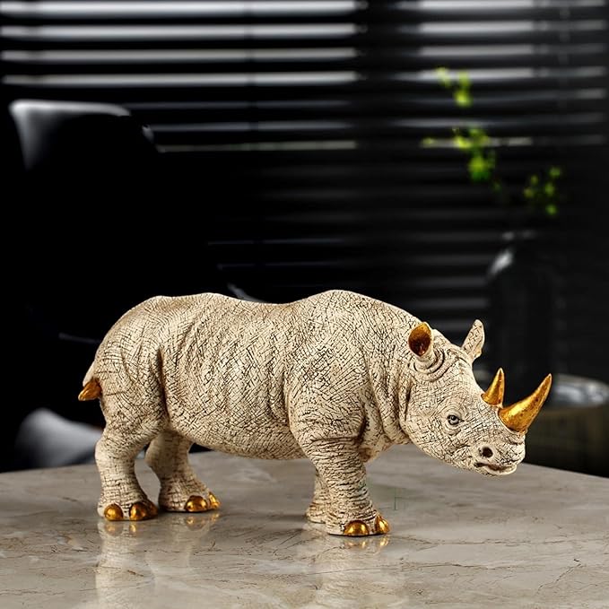 Golden Horn Resin Rhino Decor Pair - Karigaari India Aesthetic Home Decor