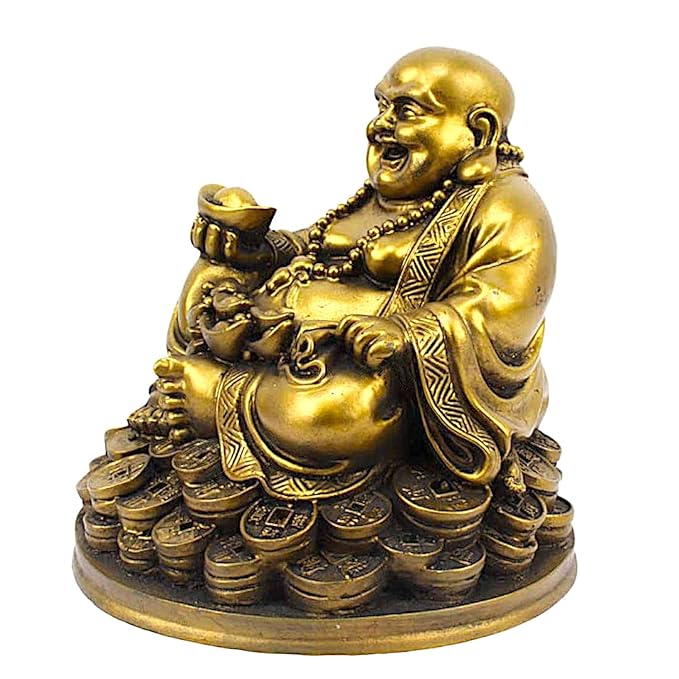 Golden Laughing Buddha Resin Statue - Wealth - Karigaari India Aesthetic Home Decor