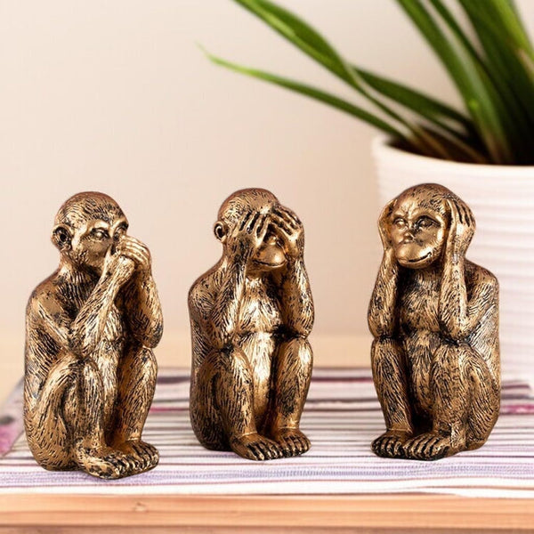 Three Wise Monkeys Figurine Set  | See No Evil Hear No Evil Speak No Evil Resin Statue | Gold Finish Home Decor & Unique Gifting